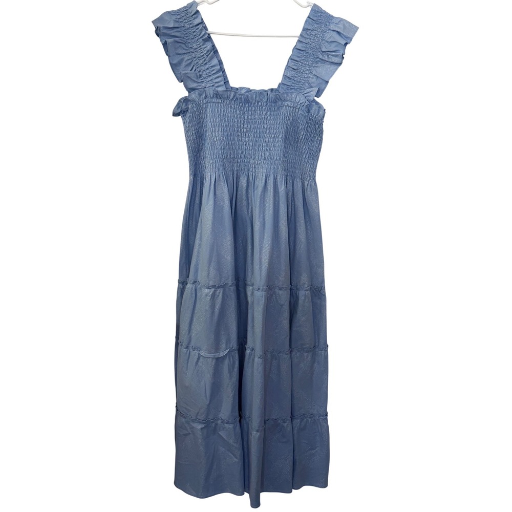 Hill House Home Ellie Nap Dress Blue Metallic Trellis Smocked Ruffle Midi Large